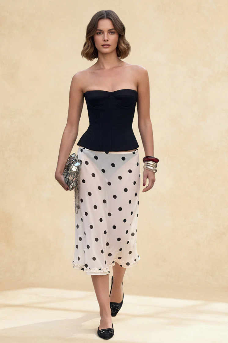 Polka Dot Satin High Waist A-Line Skirt