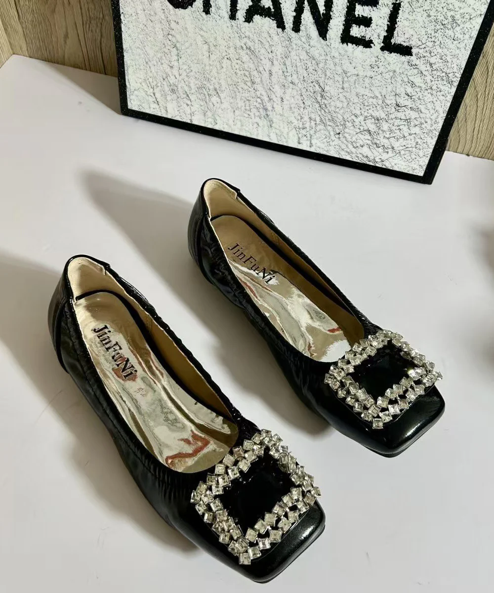 Boutique Splicing Flat Shoes Women Black Faux Leather Zircon