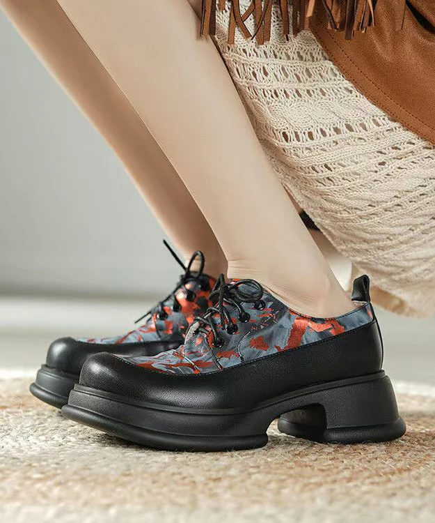 New Platform Loafers For Women Red Cowhide Leather Lace Up