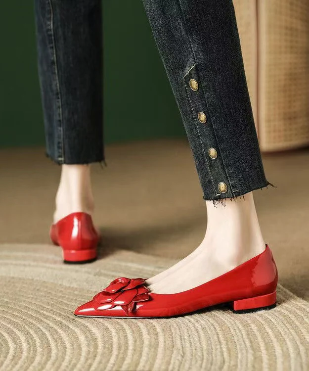 Red Women Floral Splicing Flat Feet Shoes Pointed Toe