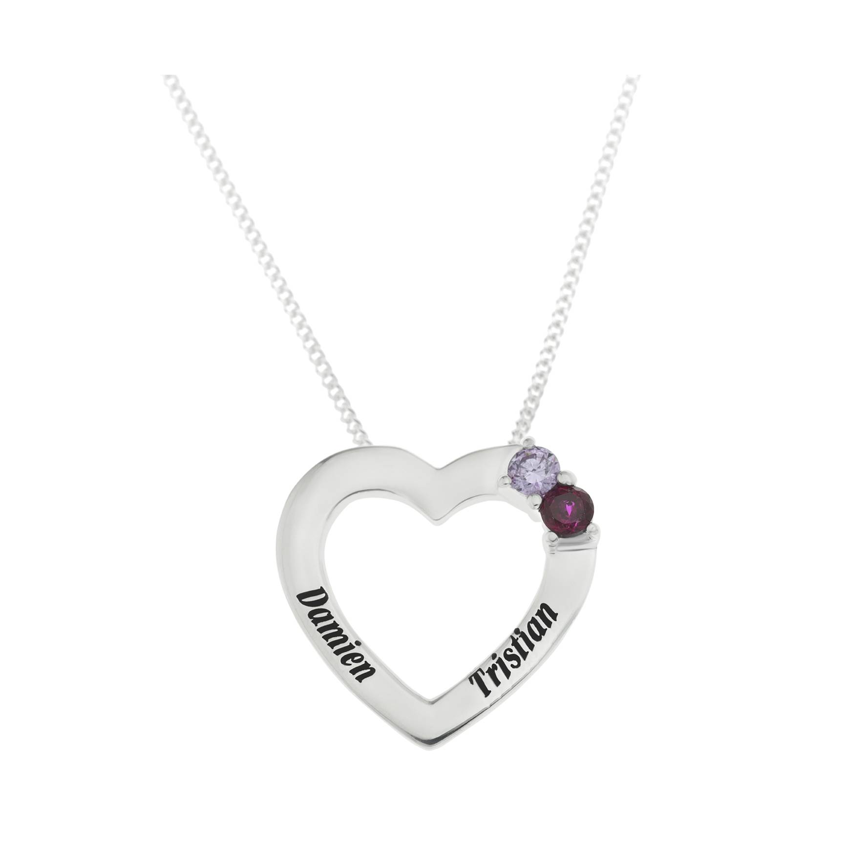 Personalized Two-Name Crystal Birthstone & Sterling Heart Pendant, 18