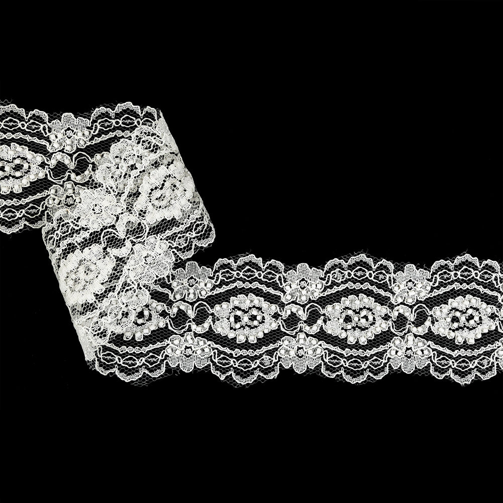 Vintage White Beaded Floral Lace Trim with Scalloped Edges - 2.25