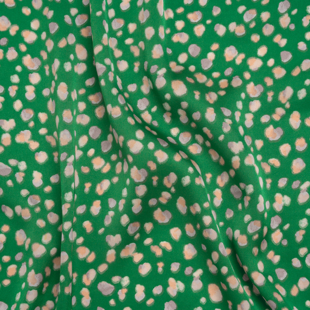 Polyester Satin Print - Kelly Green, Beige and Gray Abstract Dots - Designer Deadstock - Joann Fabrics