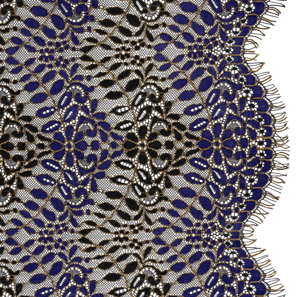 Corded Lace Panel with Finished Edges - Black, Blue and Gold Flowers and Leafy Vines - Joann Fabrics