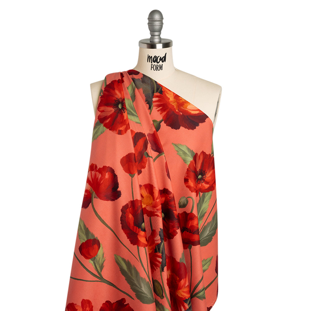 Peached Polyester Twill - Dark Pink, Green and Red Poppies and Leaves - Mood Exclusive A Portrait of Poppies Print - Joann Fabrics