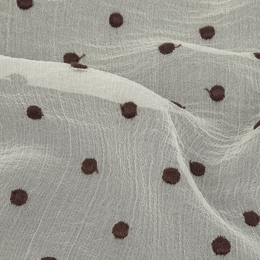 Famous Australian Designer Coconut Milk and Chocolate Embroidered Dots Crinkled Silk Georgette - Joann Fabrics