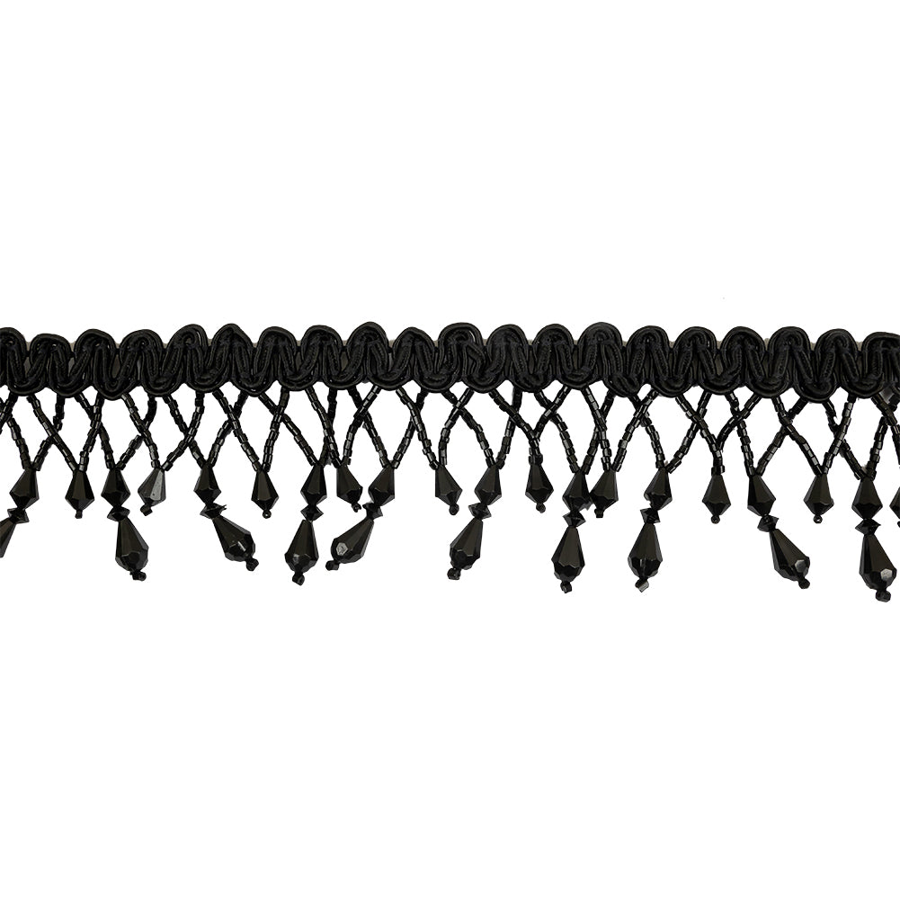 Vintage Black Fancy Beaded Fringe on Black Braid - 2.25