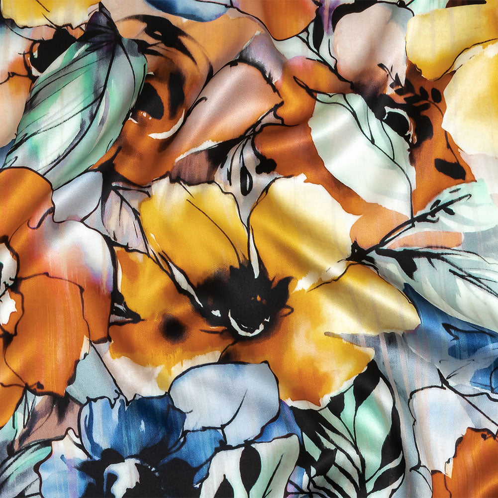 Mood Exclusive Italian Blue Gray, Harvest Pumpkin and Yellow Outlined Florals Silk Charmeuse - Joann Fabrics