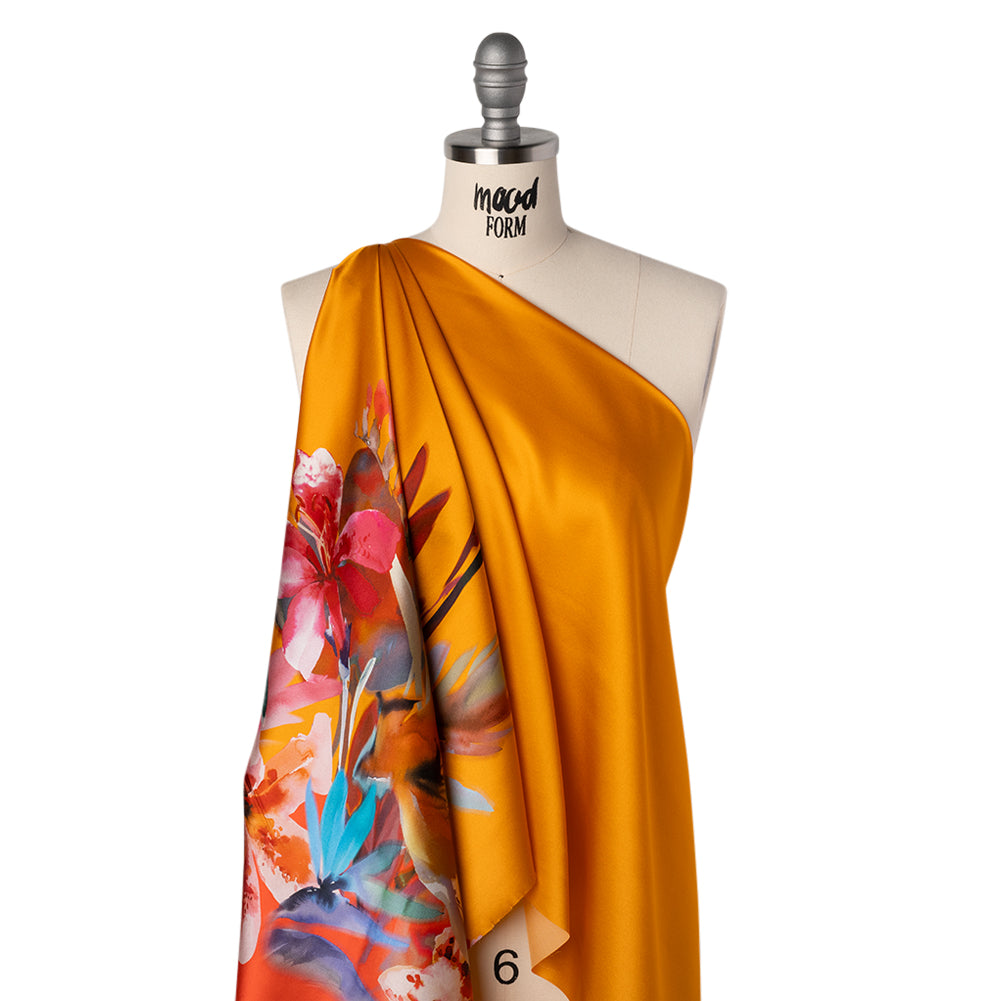 Silk Charmeuse Print 16MM, Made in Italy - Orange, Goldenrod and Multicolor Watercolor Floral Border - Joann Fabrics