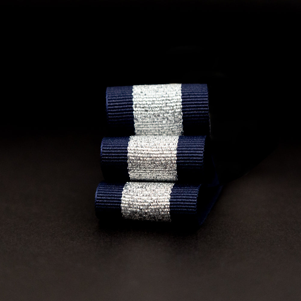 Italian Metallic Silver and Navy Striped Grosgrain Ribbon - 1