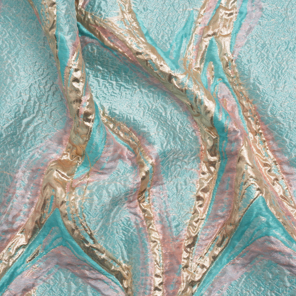 Metallic Gold, Turquoise and Pink Flowing Lines Luxury Brocade - Joann Fabrics
