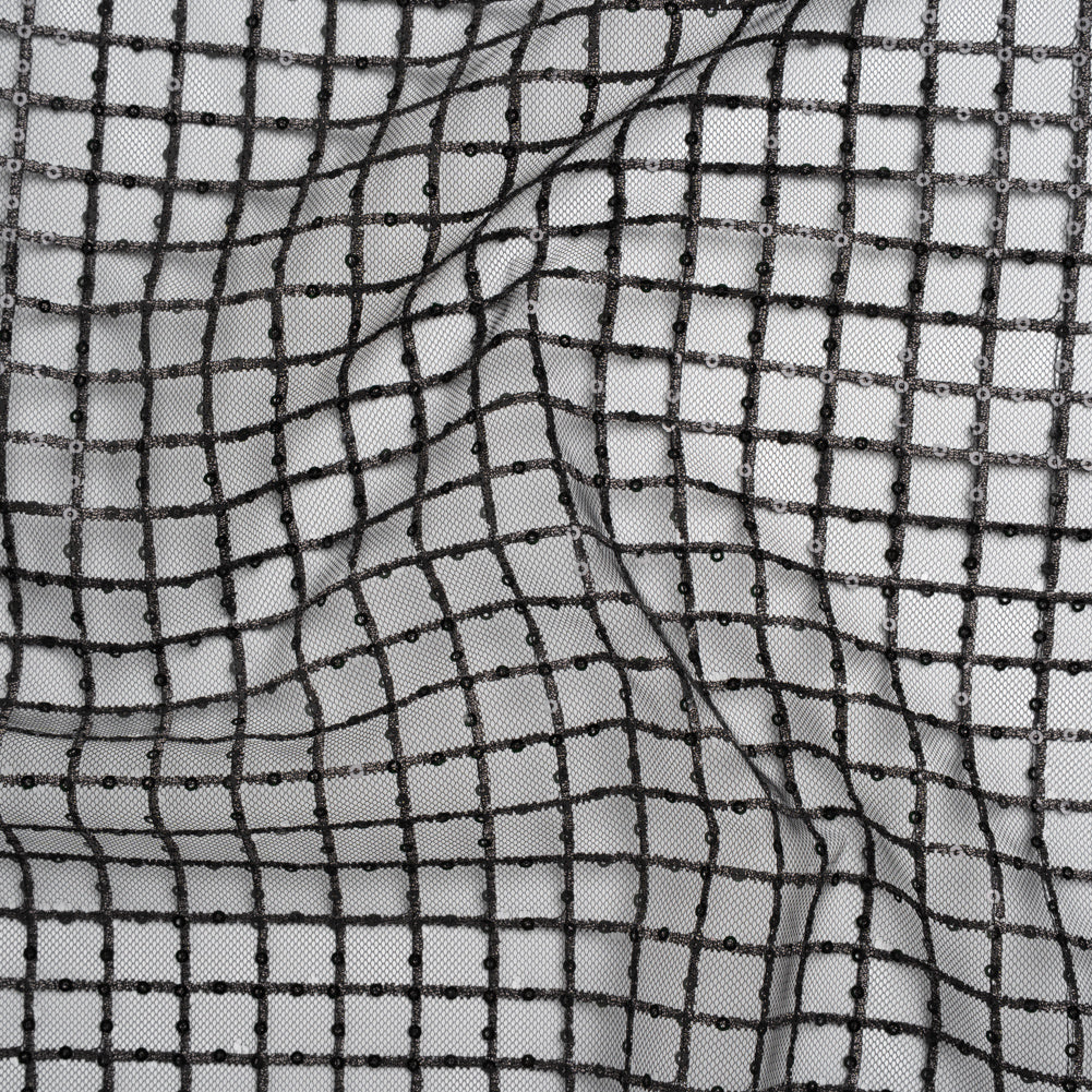 Embroidered Lace Tulle with Baby Sequins - Black and Gunmetal Grid - Designer Deadstock - Joann Fabrics