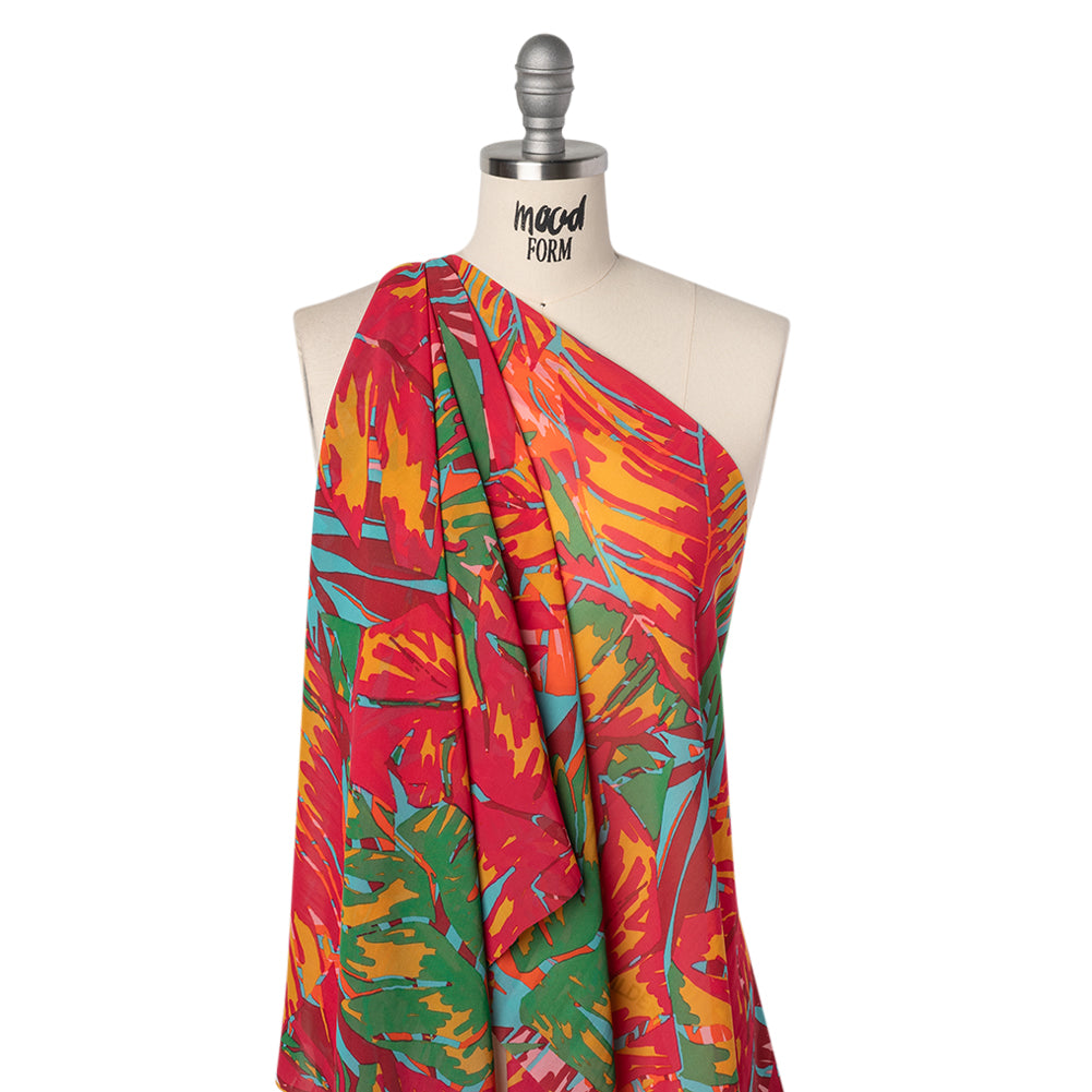 Polyester Chiffon Print - Red, Green and Yellow Tropical Leaves - Designer Deadstock - Joann Fabrics
