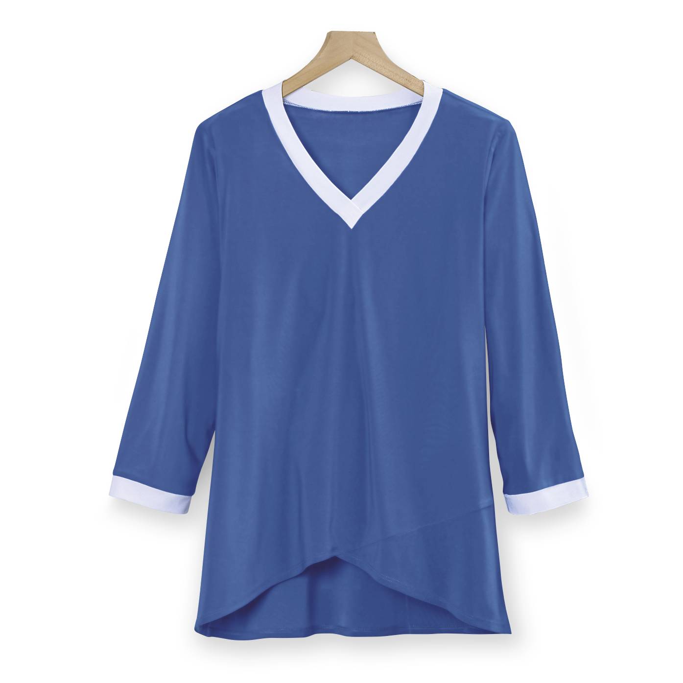 Tulip-Hem V-Neck Top, 3/4 Sleeves, White Contrast Trim - Northstyle Catalog