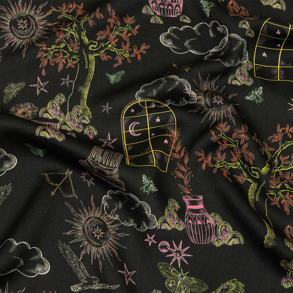 Rayon Challis - Black Trees and Windows - Summer Nights Print - Mood Exclusive Citrus Collection - Joann Fabrics