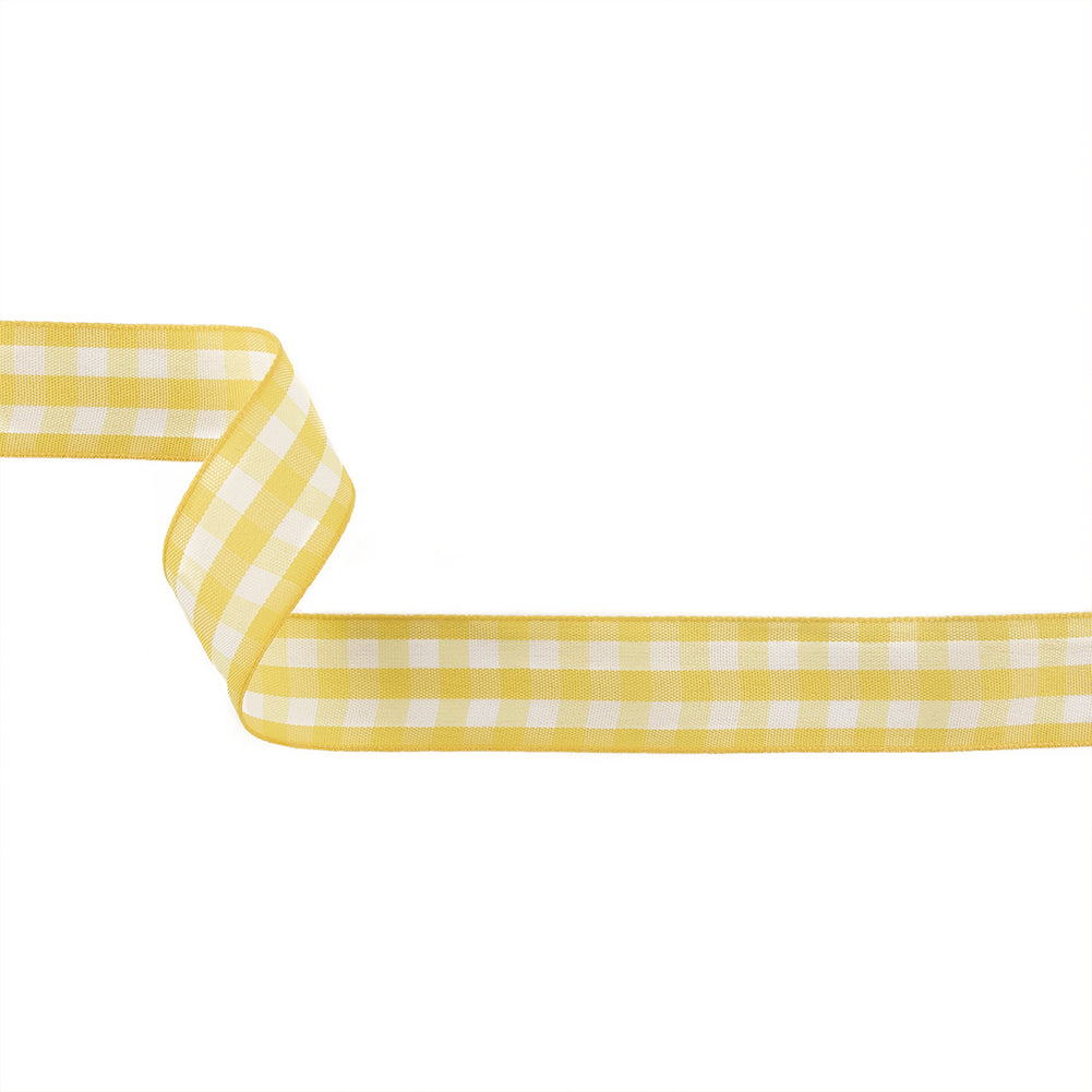 Lemon and Bright White Gingham Woven Ribbon - 1