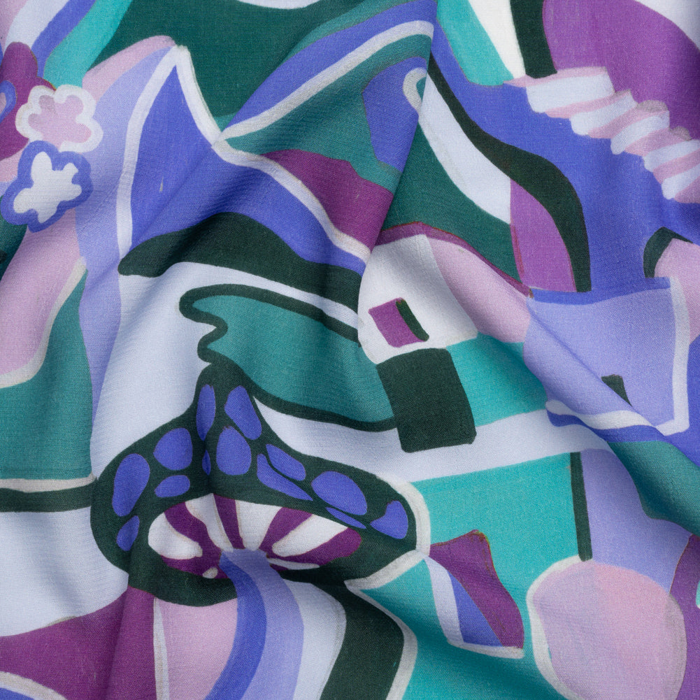 Sustainable Viscose Woven Print - Purple, Teal and Blue Mushrooms and Abstract - Mood Exclusive Mid Mod Mushroom - Joann Fabrics