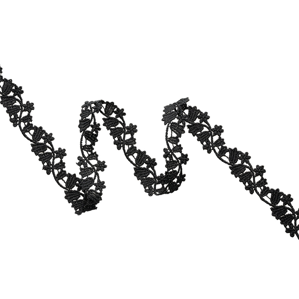 Black Bellflower Vine Venise Lace Trim - 0.75