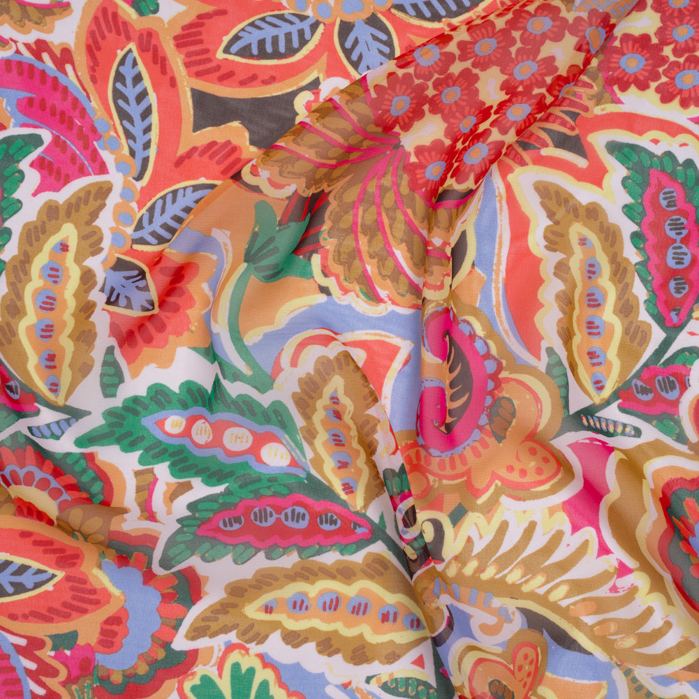 Polyester Chiffon Print - Gold, Green and Pink Whimsical Florals - Designer Deadstock - Joann Fabrics