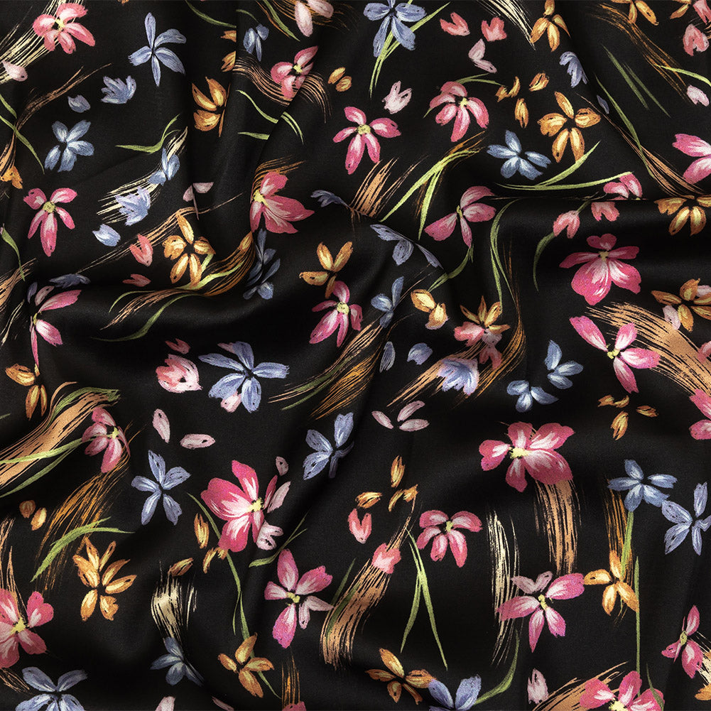 Polyester Charmeuse Print - Black, Pink and Blue Floral - Mood Exclusive In the Wind - Joann Fabrics