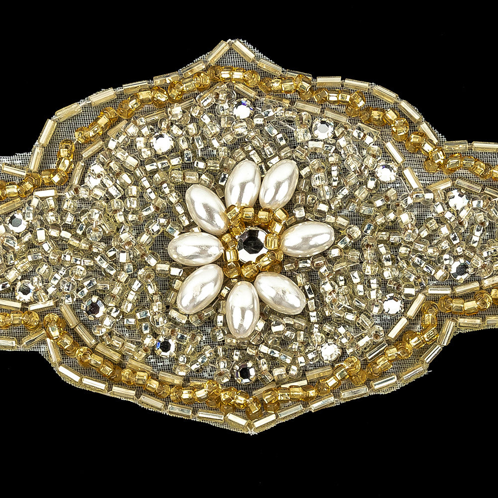 Vintage Gold Beaded and Rhinestone Floral Diamond Shaped Applique - 5.75