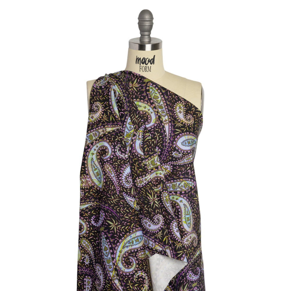 Stretch Cotton and Viscose Sateen Print - Black, Green and Purple Paisley and Leaves - Mood Exclusive Leafy Life - Joann Fabrics