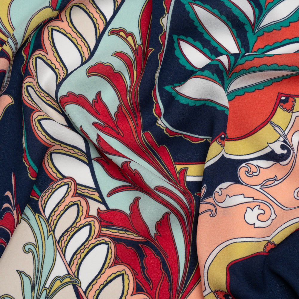 Lightweight Polyester Crepe Print - Peach, Red and Navy Ornate Floral - Designer Deadstock - Joann Fabrics