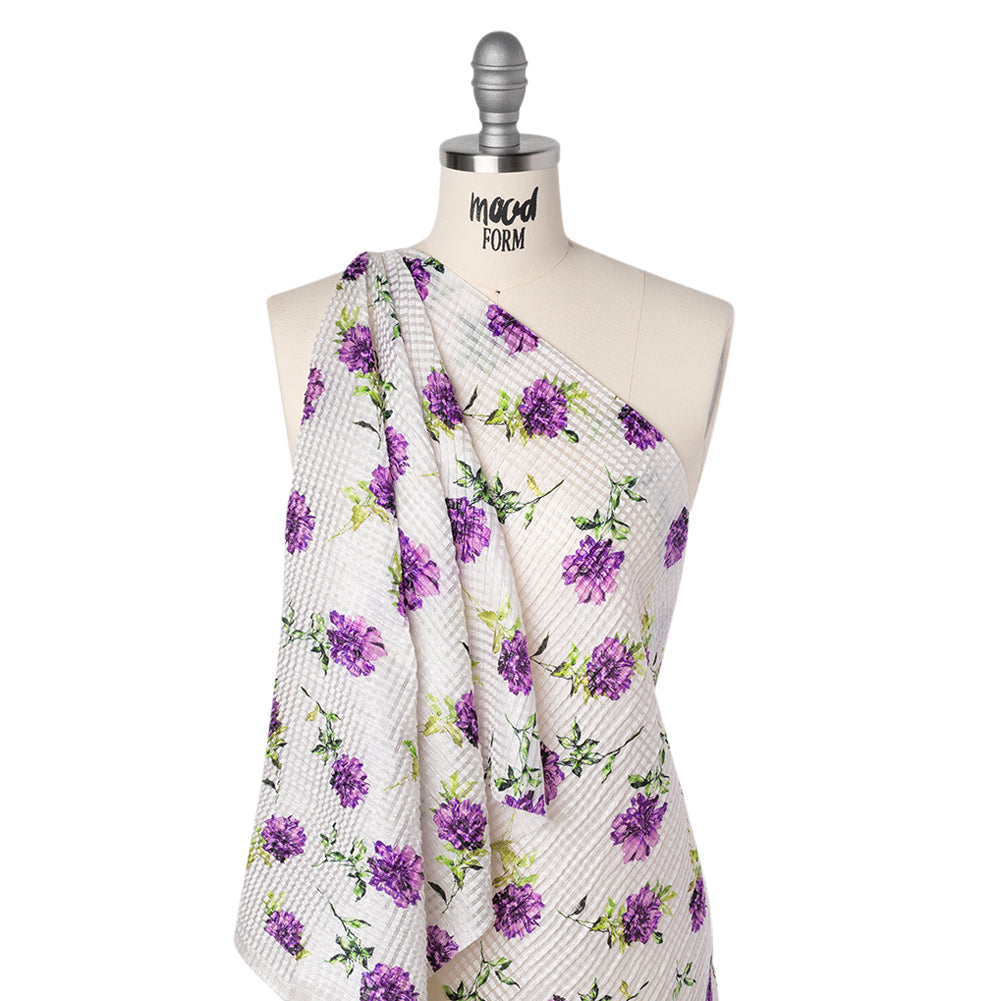 Ruched Silk Blend Striped Dobby Made in Italy - Purple, Green and White Scattered Carnations - Deadstock - Joann Fabrics
