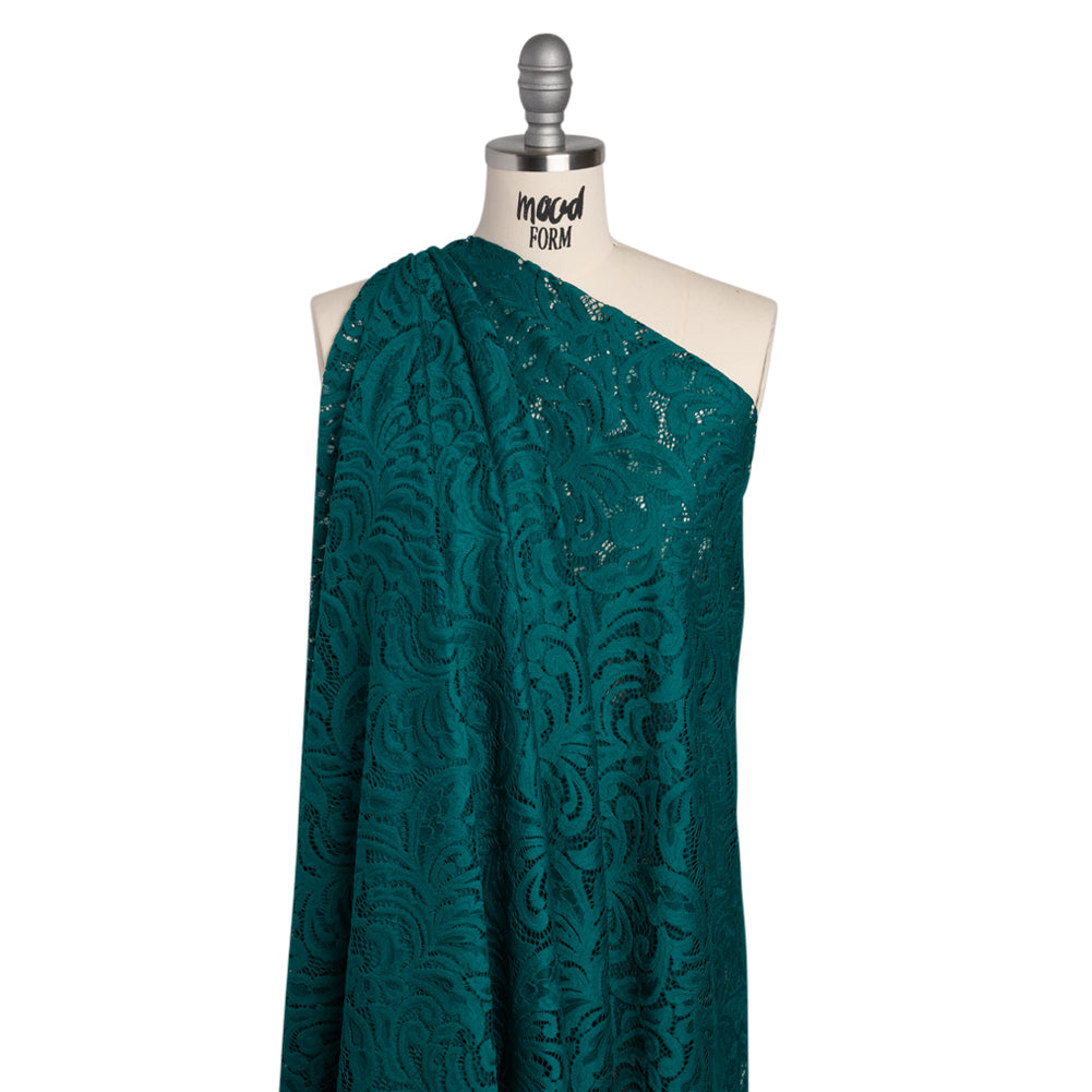 Stretch Re-Embroidered Lace with Finished Edges - Teal Paisley Leaves and Florals - Joann Fabrics