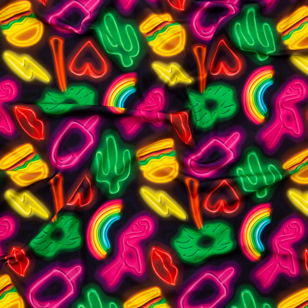 Compression Swimwear Tricot, UV Protective with Aloe Vera Microcapsules - Black Neon Emojis - Caye Collection - Joann Fabrics