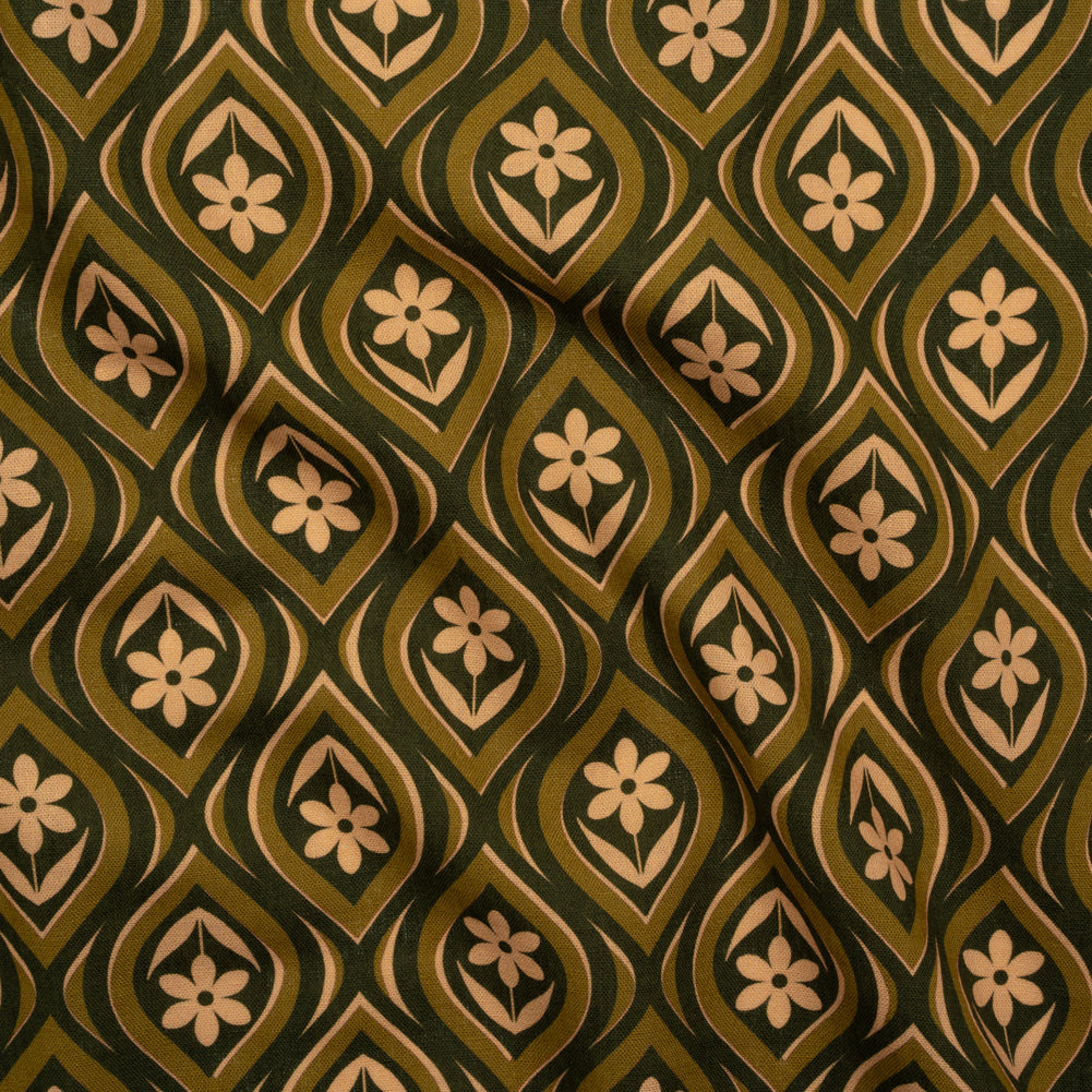 Linen and Rayon Woven - Olive, Hunter Green, and Beige Floral Ogees - Woodland Blooms Print - Mood Exclusive Acadia Collection - Joann Fabrics