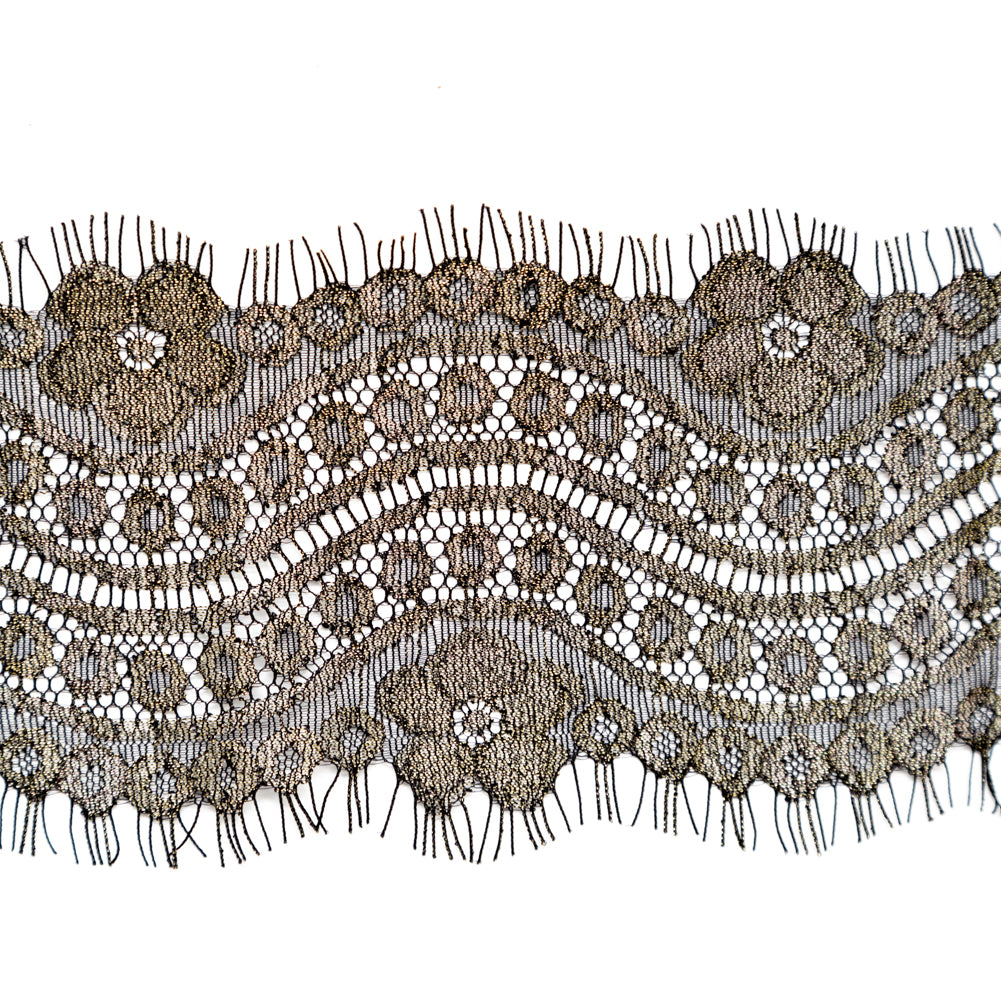 European Black and Metallic Gold Floral Scalloped Eyelash Lace Trim - 3.5