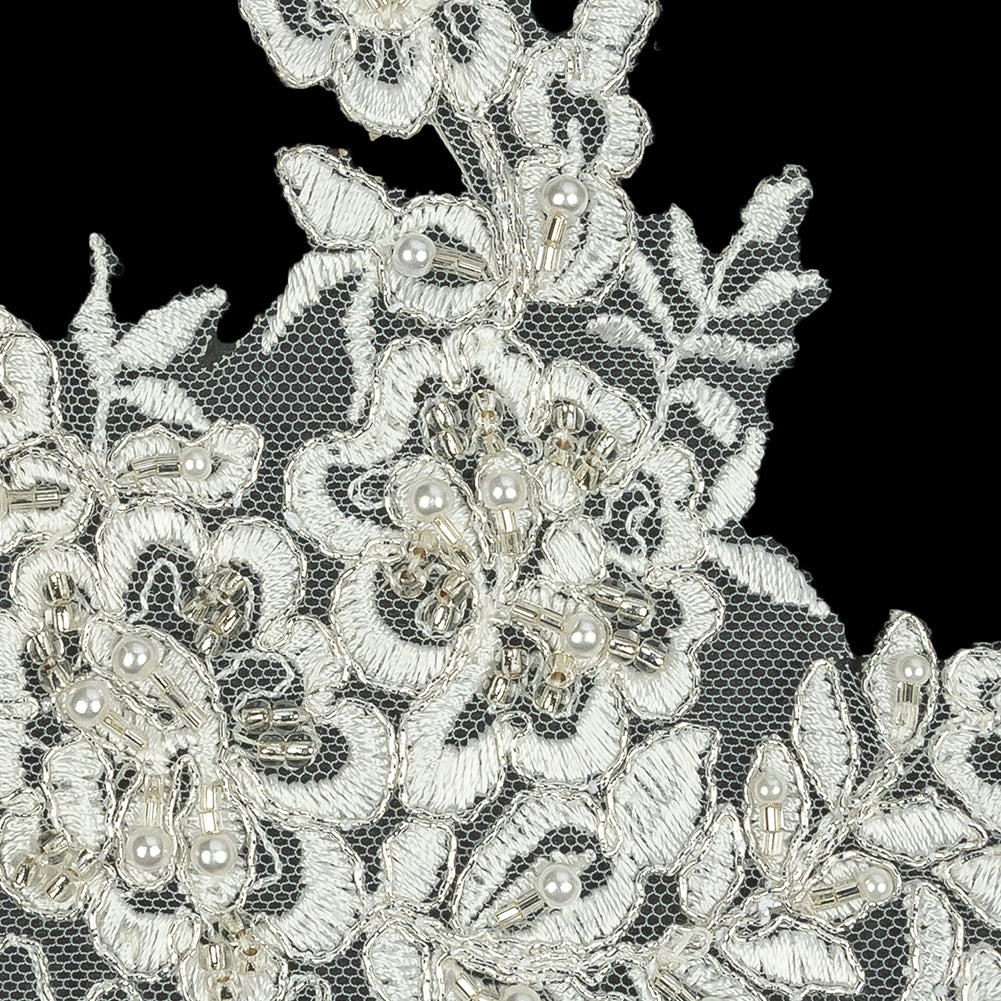 Off White and Silver Floral Scalloped Beaded and Corded Bridal Lace Trim - 5.5