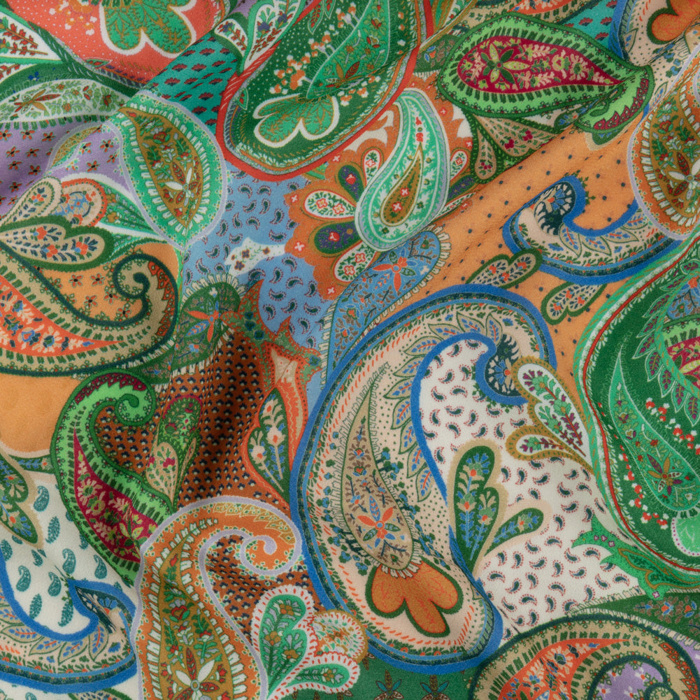 Sustainable Viscose Crepe - Green and Orange Paisley - Dragonfly Inn Print - Mood Exclusive Gisele Collection - Joann Fabrics
