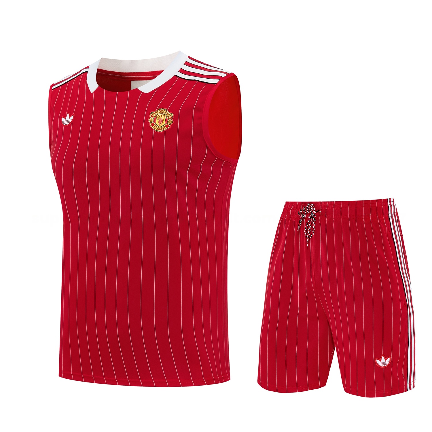 Manchester United 25-26 Retro Style Vest Training Set - Red With White Stripes Top & Pants - UnitedFutballJersey