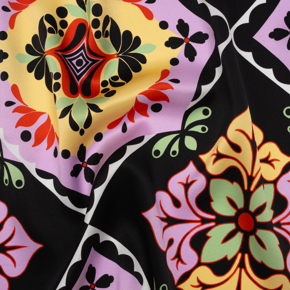 Silk Charmeuse Print 16MM, Made in Italy - Black, Lavender and Pale Yellow Fancy Floral Tiles - Joann Fabrics