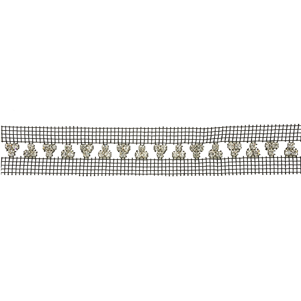 Vintage Crystal and Silver Rhinestone Trio Trimming on Black Mesh - 1.375