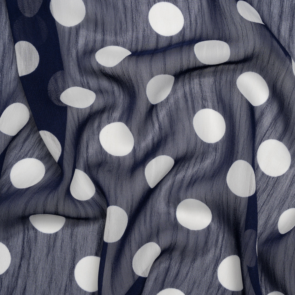 Crinkled Polyester Chiffon Print - Navy and White Polka Dots - Designer Deadstock - Joann Fabrics