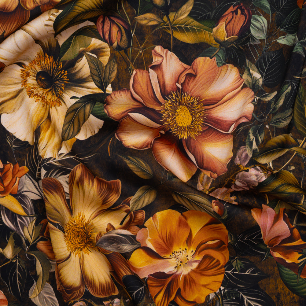 Polyester Satin - Peach, Green and Brown Floral - Mood Exclusive Camouflora Print - Joann Fabrics