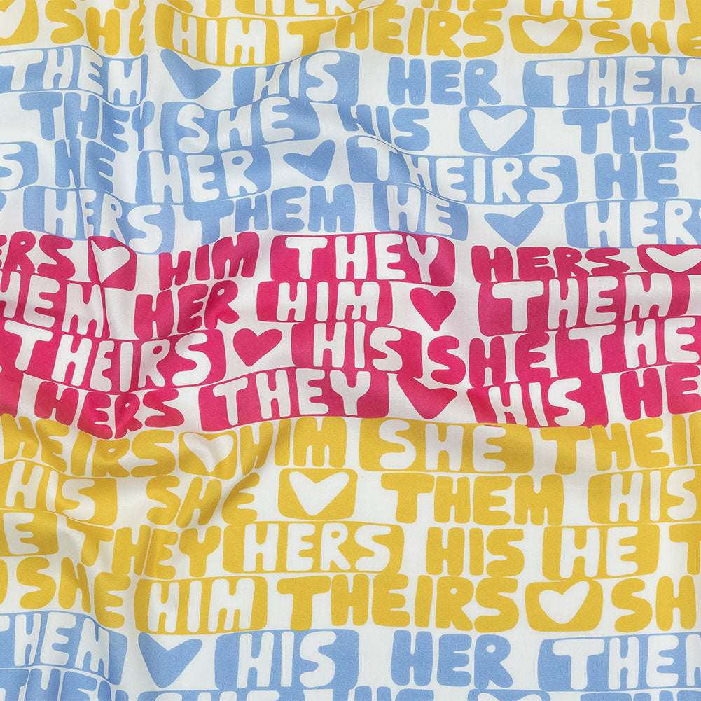 Mercerized Organic Egyptian Cotton Voile - Pink, Yellow and Blue Pronoun Stripes - More Than Words Print - Mood Exclusive Pride Collection - Joann Fabrics