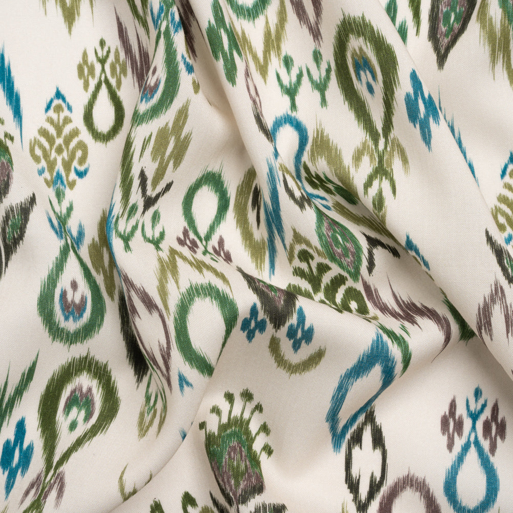 Tencel Woven Print - Forest Green and Teal Fanciful Ikat Florals - Mood Exclusive Raindrops on Roses - Joann Fabrics