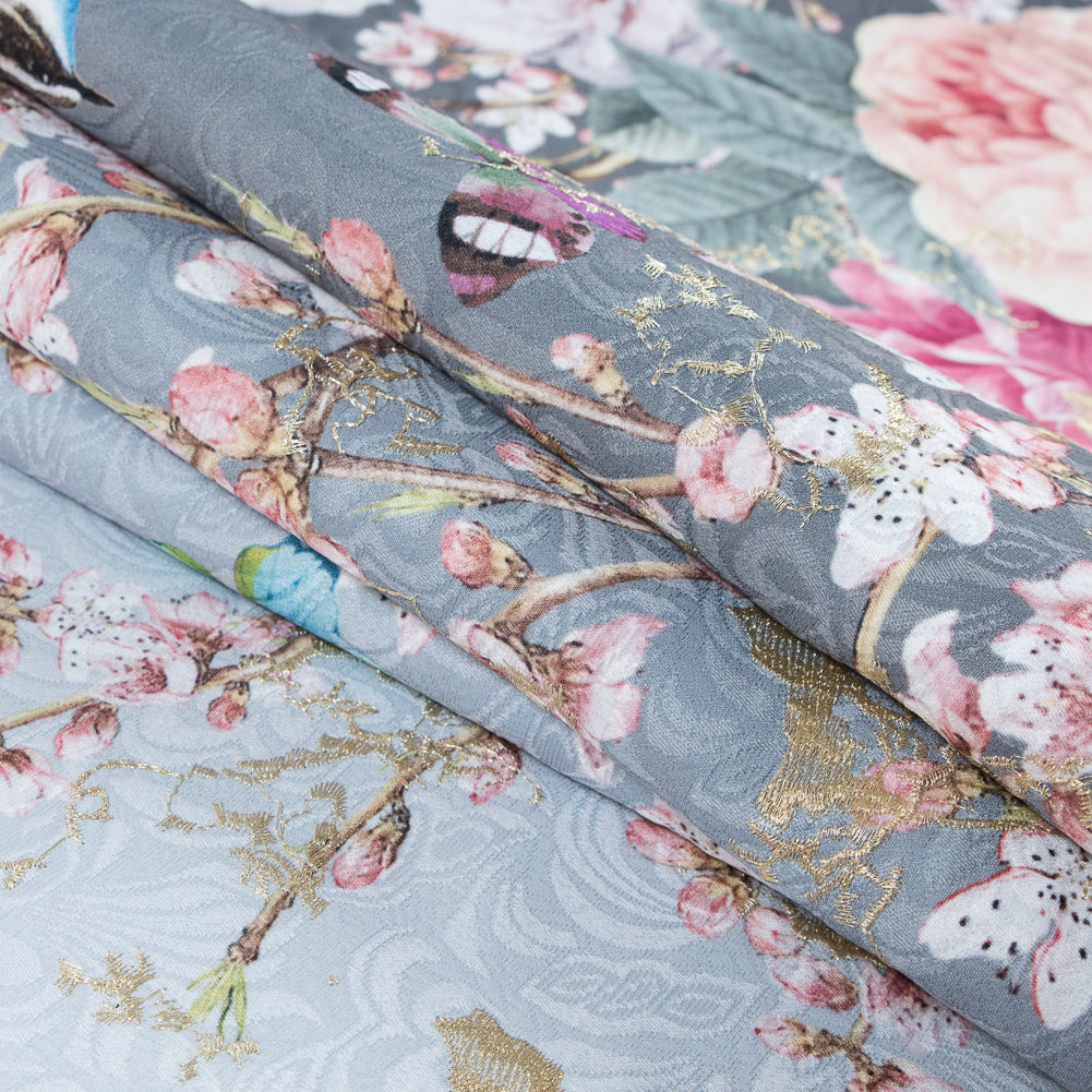 Birds and Branches Digitally Printed on a Gray Butterfly Jacquard with Metallic Gold Embroidery - Joann Fabrics