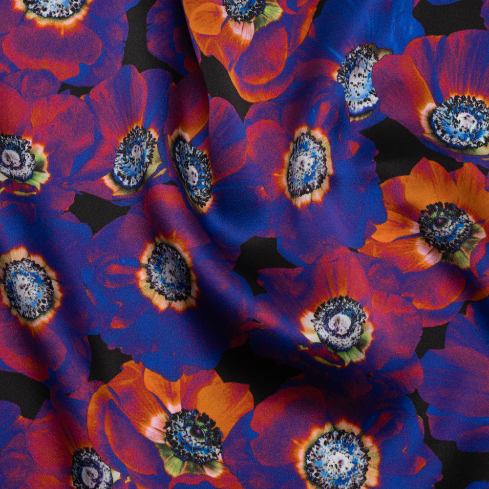 Silk Charmeuse 19mm - Ultraviolet Blue, Orange and Black Glowing Flowers - Joann Fabrics