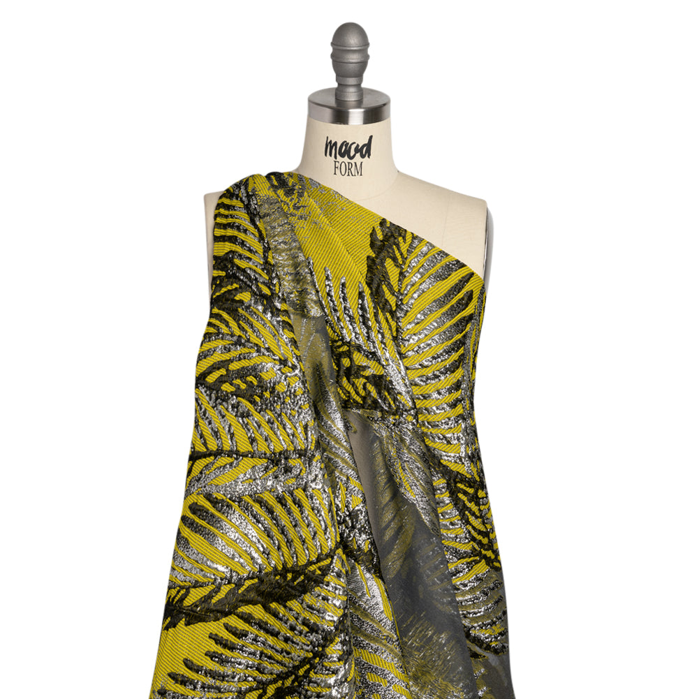 Yellow, Black and Metallic Silver Palm Leaves Luxury Burnout Brocade - Joann Fabrics