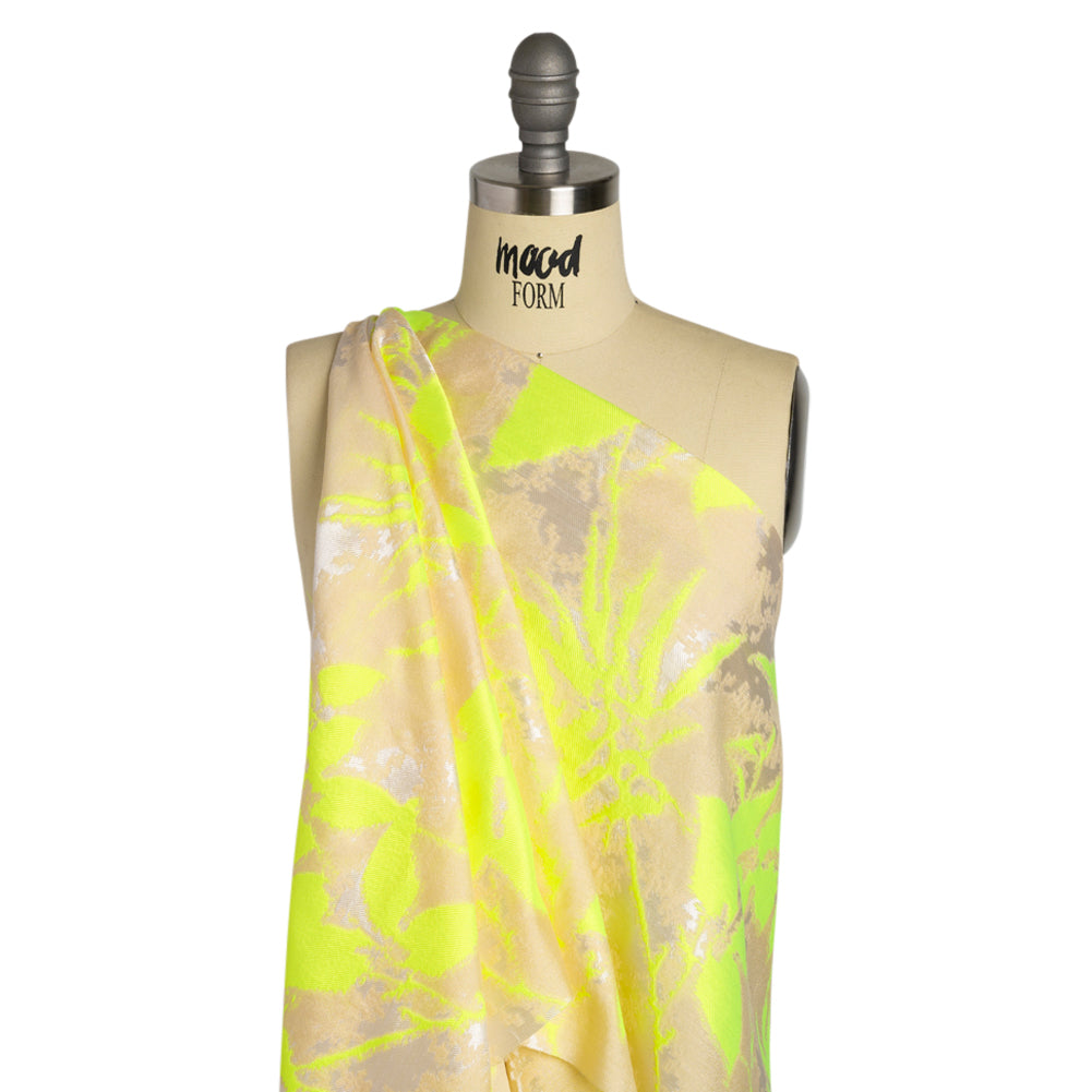 Neon Yellow, White and Beige Soft Leaves Lightweight Polyester and Viscose Luxury Brocade - Joann Fabrics