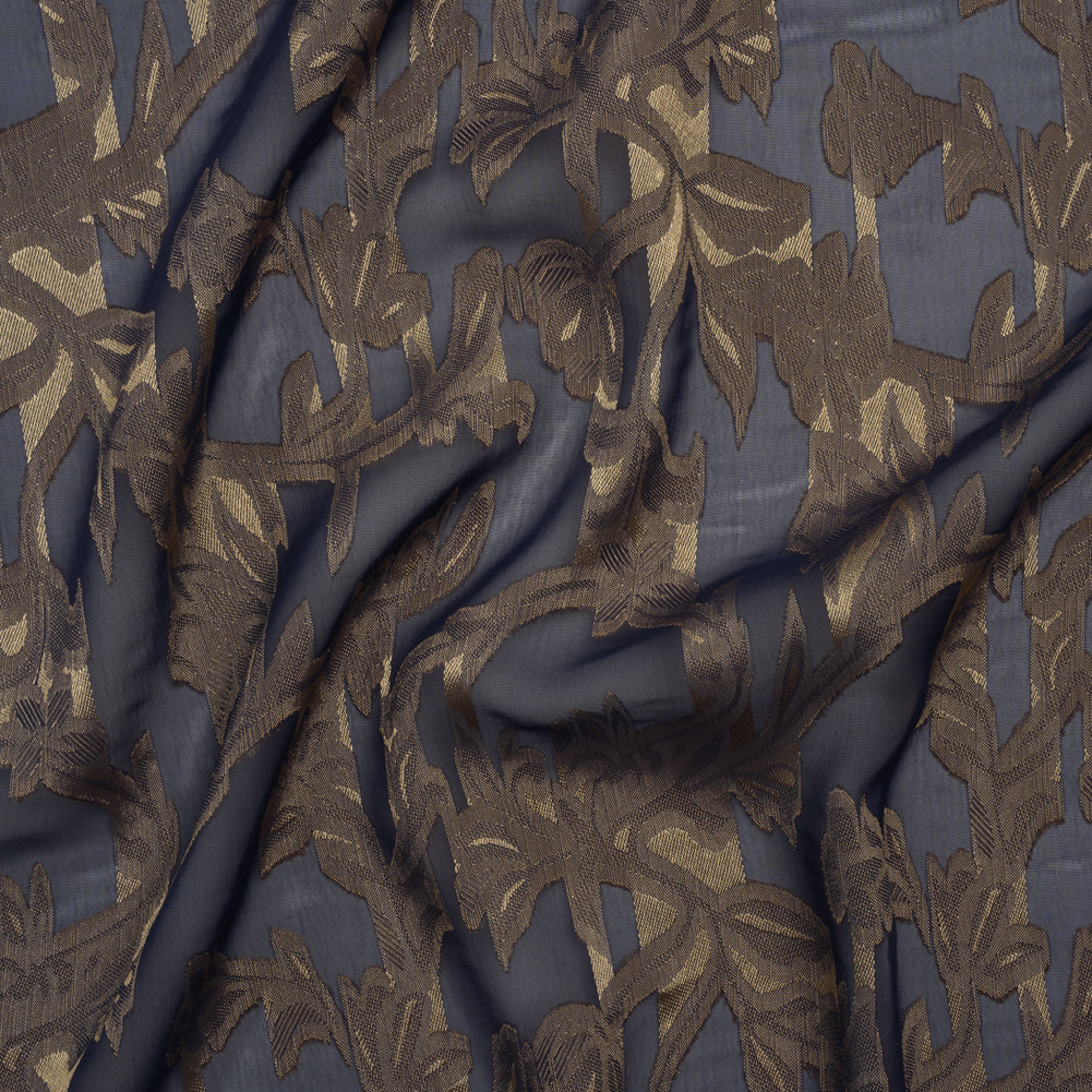 Polyester Burnout Brocade - Navy Blue and Gold Classical Floral Vines - Designer Deadstock - Joann Fabrics