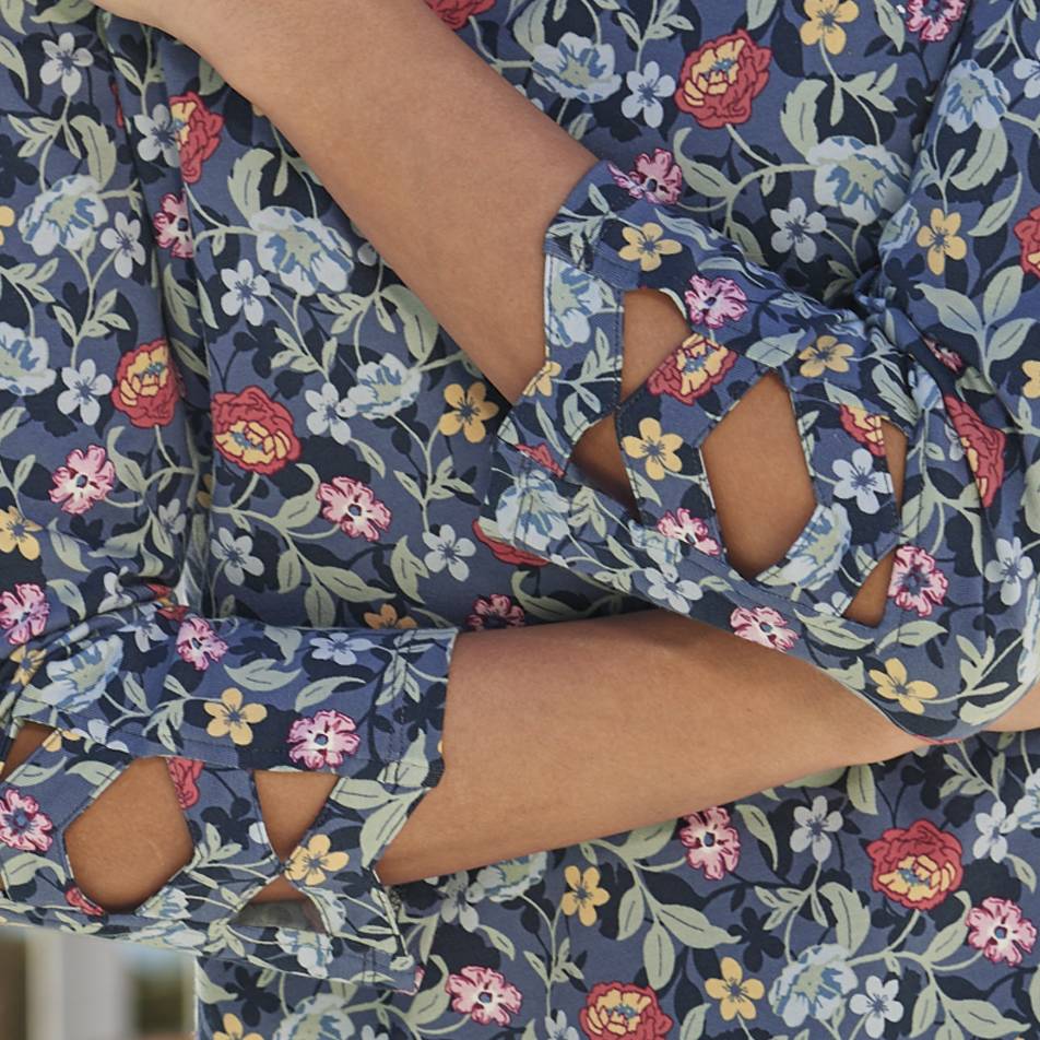 Leafy Floral Knit Top, Round Neck, 3/4 Sleeves, Side Slits - Northstyle Catalog