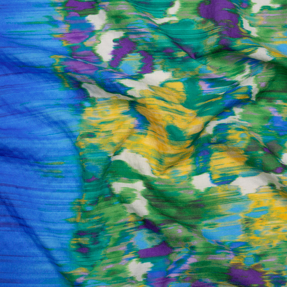 Stretch Polyester Seersucker - Bright Blue, Lime Green and Yellow Ikat Floral - Designer Deadstock - Joann Fabrics