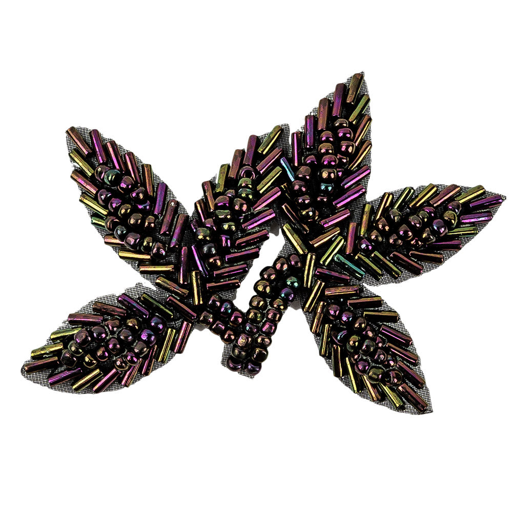 Vintage Purple Iris Bugle and Seed Beaded Foliage Applique - 2.25