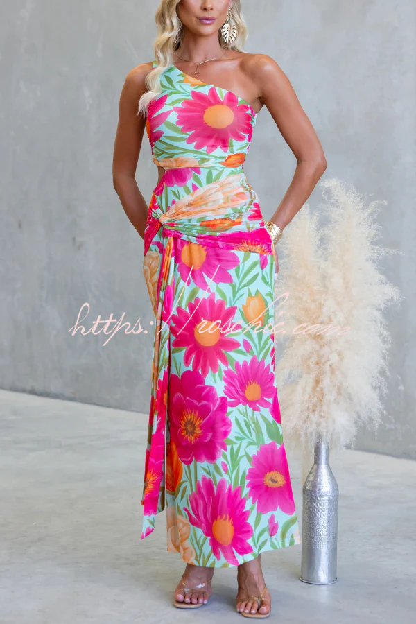 Unique Printed One-Shoulder Cutout Fitted Lace-Up Maxi Dress